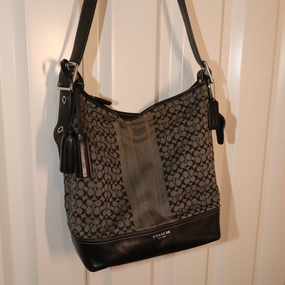 Coach Legacy Signature Stripe Duffle Shoulder Bag Black Gray D1271-19918 Adjust - Picture 3 of 12